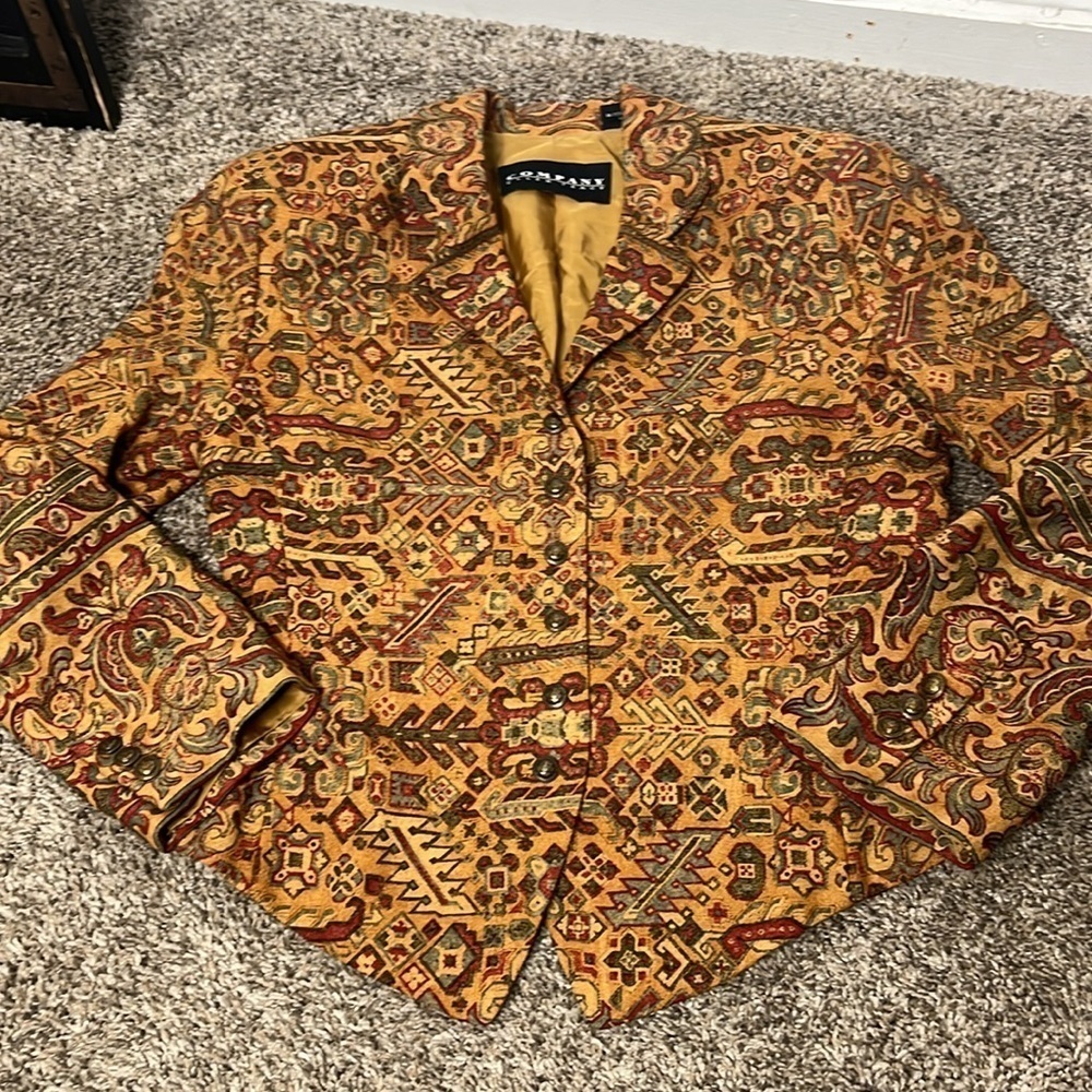 Ellen Tracy Multicolor Patterned Blazer - Mustard, Red, Green Accents - Picture 8 of 15